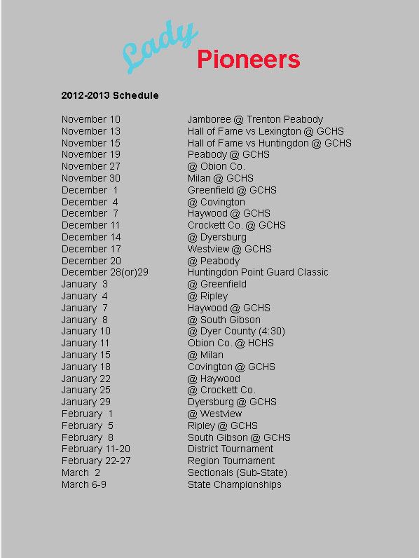 Schedule GCHS Lady Pioneers